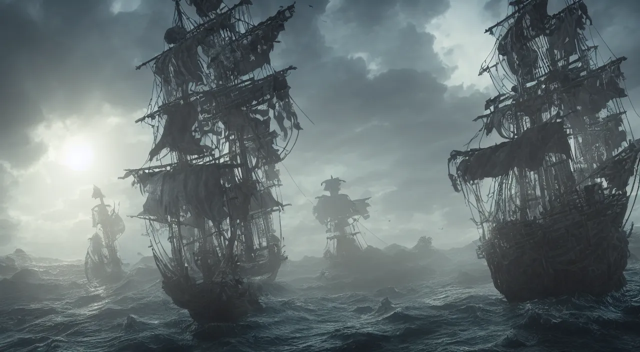 Image similar to ghost pirate ship with a pirate on the foreground, highly detailed, photorealistic portrait, bright studio setting, studio lighting, crisp quality and light reflections, unreal engine 5 quality render