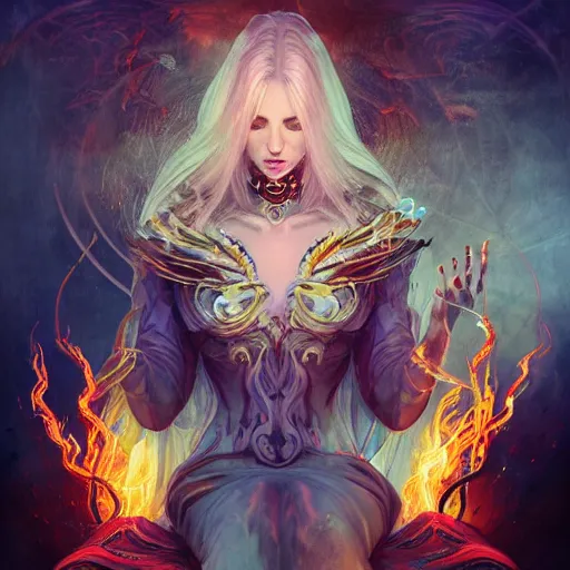 Prompt: a necromancer woman seated on her throne of sorcery and power with flames in her 2 eyes. by anna dittmann, trending on art station, intricate detail, highly detailed, atmospheric