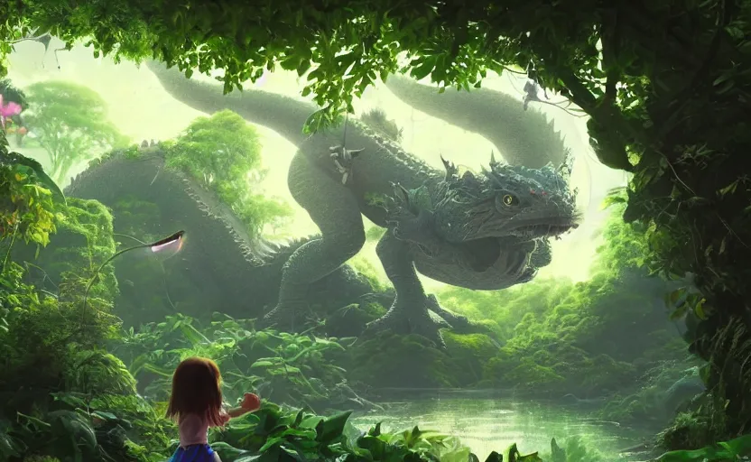 Image similar to a still of a cute adorable tiny astronaut, on a planet of lush foliage, with an enormous kaiju dragon surrounding, magical forest, sharp focus, neon backlit, highly detailed, disney pixar studio ghibli makoto shinkai, digital painting, matte, octane render, global illumination, iridescent, anime, 8 k concept art