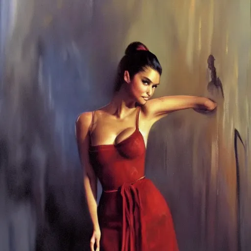 Prompt: ultra realistic portrait painting of nina dobrev wearing a dirndl in west side story, art by frank frazetta, 4 k, ultra realistic, highly detailed, epic lighting.