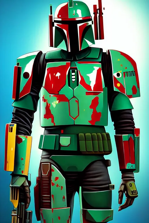 Image similar to futuristic portrait art of an armored cyberpunk boba fett, futuristic style boba fett, game screenshot from cyberpunk 2 0 7 7