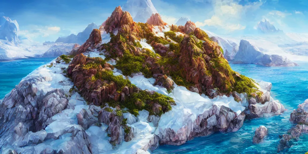 Image similar to a salt covered island surrounded by colourful rugged crystal quartz mountains, illustration, bright sunlight, sun glints, sunrays, digital art, hyperrealistic, oil painting, fantasy, 8 k, trending on artstation, detailed