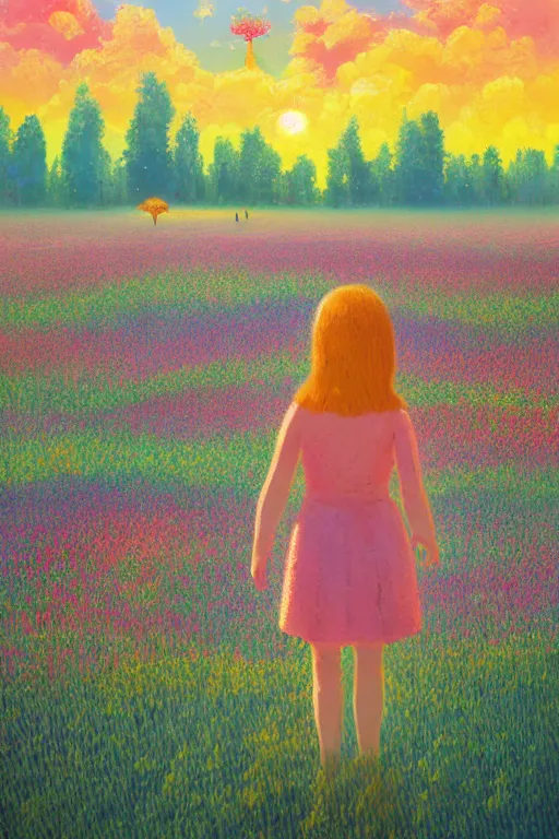 Image similar to flower growing out of girl, standing in a flower field, big trees, sunrise dramatic light, impressionist painting, colorful clouds, digital painting, pointillism, artstation, simon stalenhag