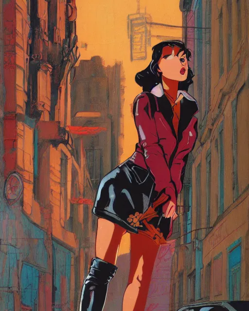 Image similar to young female protagonist in leather jacket, city street, artwork by ralph bakshi