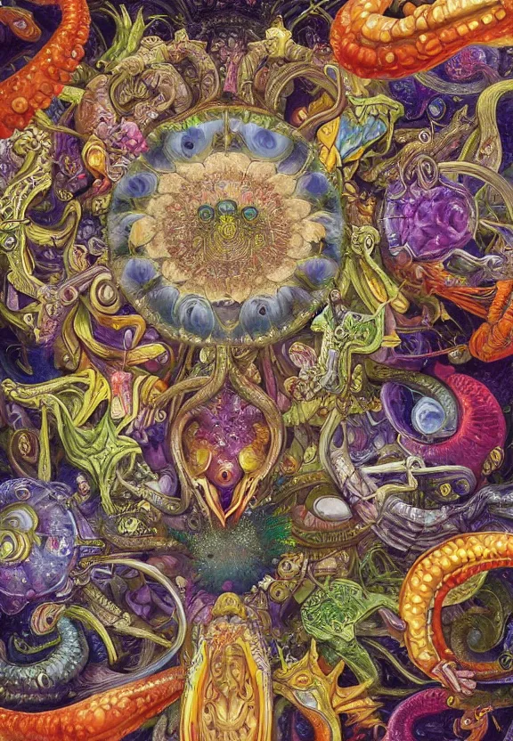 Image similar to simplicity, colorful muscular eldritch mollusks and bodies radiating town fractal, mandala white bones, colorful gems, brush pen, by h. r. giger and esao andrews and maria sibylla merian eugene delacroix, gustave dore, thomas moran, pop art, chiaroscuro, biopunk, art nouveau