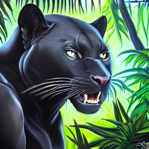 Image similar to oil on canvas of one beautiful majestic black panther. beautiful. mysterious. intricately detailed. meticulously rendered. background is a jungle. hd. trending on art station. h 7 6 8