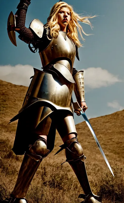 Prompt: katheryn winnick in a knight armor, full plate, photography, movie poster, red lipstick, leather, blood stains, hair in the wind, shiny metal armor, gold, victorious on a hill, battlefield, blue sky, sunshine, lens flare, hard light, full body, sword pointed at sky