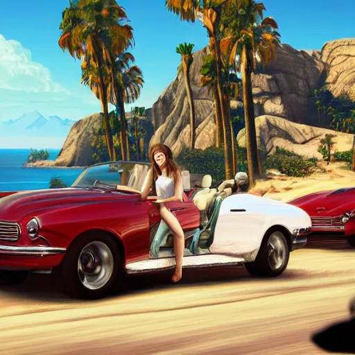 Image similar to highly detailed painting emma watson and jennifer lawrence driving a cabrio along a costal scenic route, gta 5 cover art style, 8 k, radiant light, detailed and intricate environment, trending on artstation