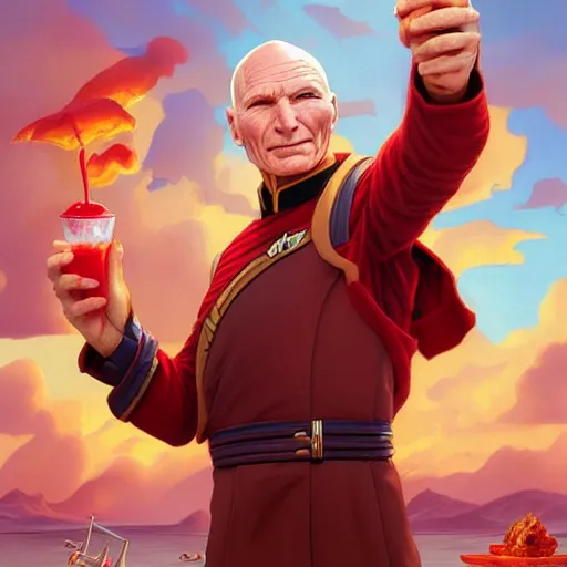 Prompt: Captain Picard sunbathing, dripping BBQ Sauce, serving happy meals, D&D, spilling ketchup, fantasy, intricate, elegant, highly detailed, digital painting, artstation, concept art, matte, sharp focus, illustration, hearthstone, art by Artgerm and Greg Rutkowski and Alphonse Mucha