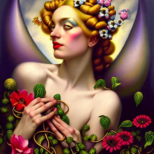 Image similar to dynamic composition, blonde woman with hair of spring flowers and vines wearing ornate earrings, ornate gilded details, pastel colors, a surrealist painting by tom bagshaw and jacek yerga and tamara de lempicka and jesse king, wiccan, pre - raphaelite, featured on cgsociety, pop surrealism, surrealist, dramatic lighting