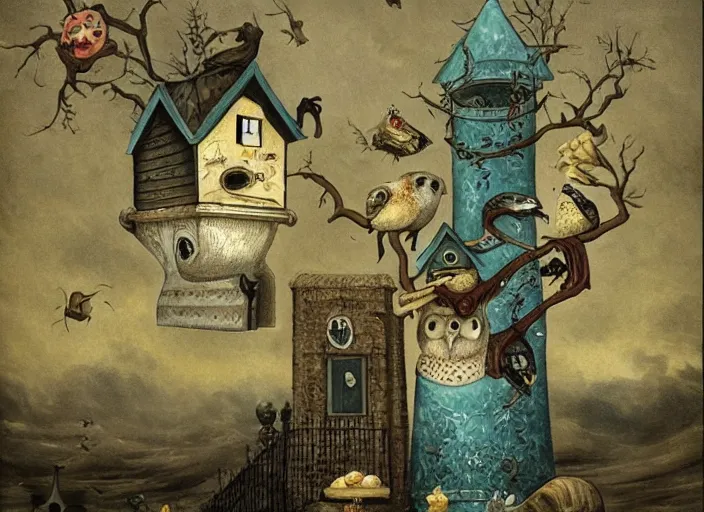 Image similar to a house with a tower, owl, birds, cheese, lowbrow in the style of mark ryden and francisco de goya,