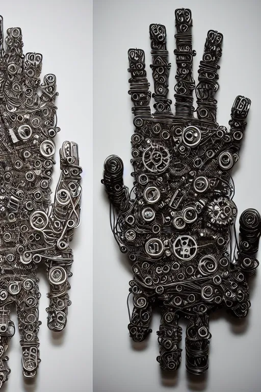 Image similar to cybernetic robotic hand made of intricate gears, wires and ceramics, engraved with sanskrit writing