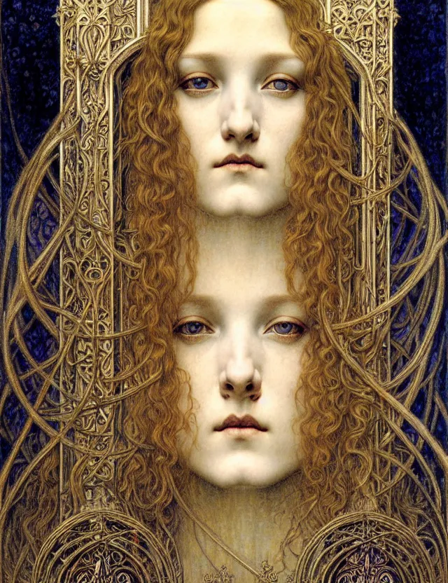 Image similar to detailed realistic beautiful young medieval queen face portrait by jean delville, gustave dore and marco mazzoni, art nouveau, symbolist, visionary, gothic, pre - raphaelite. horizontal symmetry