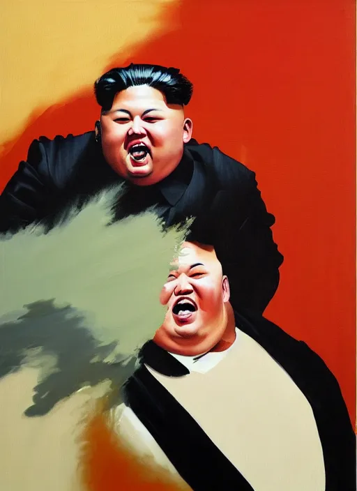 Image similar to kim jong un screaming, fat face, painting by phil hale, fransico goya,'action lines '!!!, graphic style, visible brushstrokes, motion blur, blurry, visible paint texture, crisp hd image