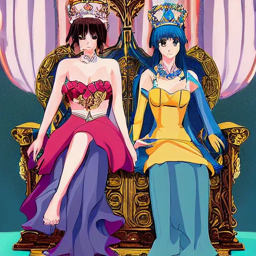 Prompt: two beautiful queens sitting in thrones across from each other, detailed anime art