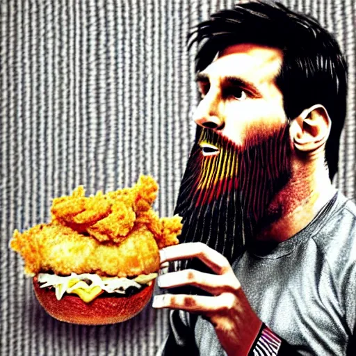 Image similar to lionel messi with a majestic beard eating a kfc zinger by yaacov agam