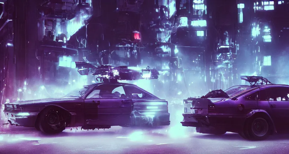 Image similar to movie still cyberdyne cars from terminator, dark cinematic lighting, smoke, atmospheric, purple lasers, low angle photography, beautiful, cyberpunk, artstation,