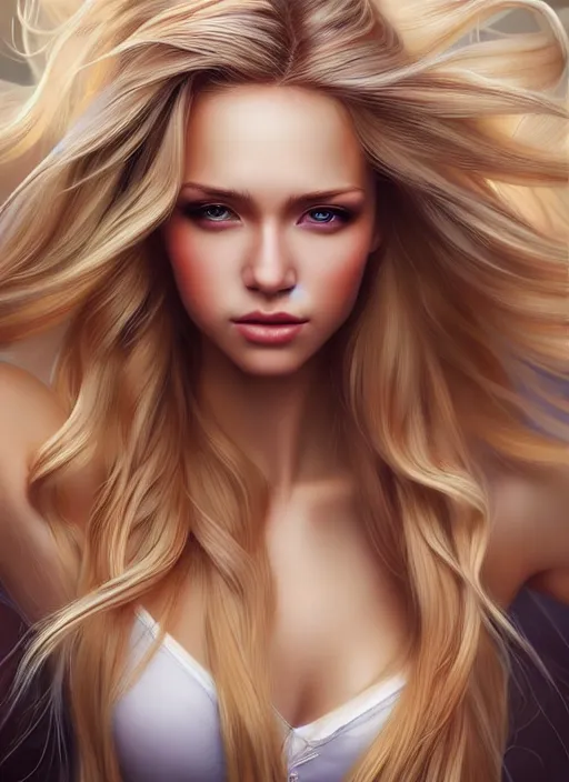 Image similar to picture of a gorgeous female with long blonde hair in the style of stefan kostic, realistic, full body shot, wide angle, sharp focus, 8 k high definition, insanely detailed, intricate, elegant, art by stanley lau and artgerm, floating embers