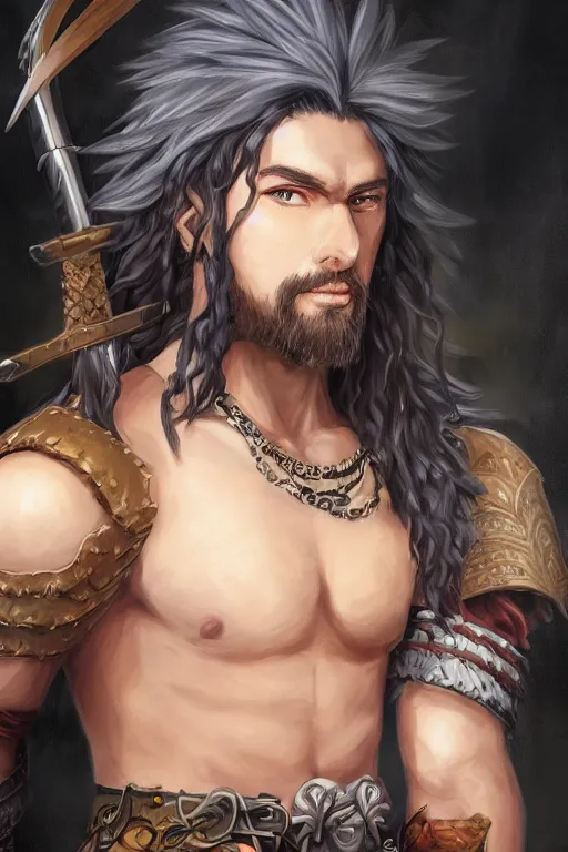 Image similar to A realistic anime portrait of a young handsome male barbarian with long wild hair, intricate fantasy spear, plated armor, D&D, dungeons and dragons, tabletop role playing game, rpg, jrpg, digital painting, by Ayami Kojima and Yusuke Murata, digtial painting, trending on ArtStation, SFW version