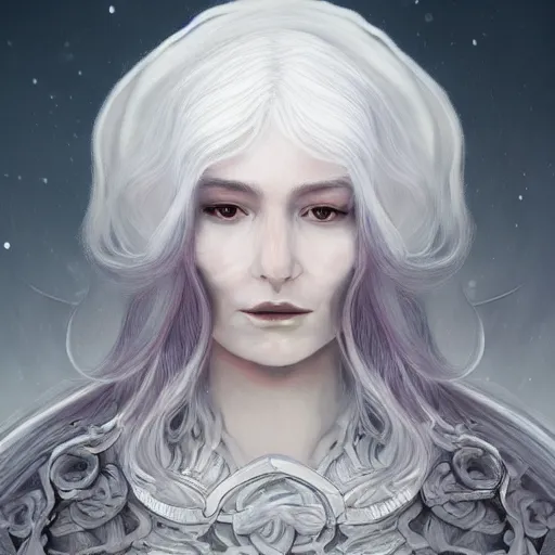 Prompt: a woman with immensely glowing white hair and rose medieval armor, meditating in tranquility as [ her hair flows ]!!, surrealism art, trending on artstation, portrait!!, intricately detailed