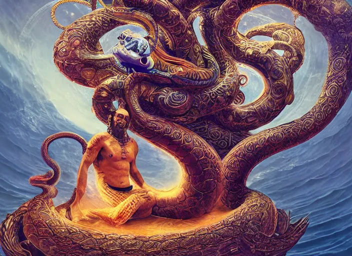 Prompt: vishnu sitting under a medusa - like cobra, floating across the cosmic ocean, digital art, octane render, highly detailed, intricate, by android jones