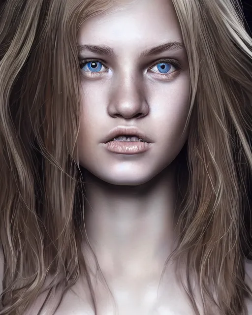 Image similar to portrait of 1 6 - year - old woman with dirty blonde hair down to her waist, pale eyebrows and protuberant silver eyes, wearing white shirt, hyper realistic face, beautiful eyes, character art, art by mark brooks, hyperdetailed, cryengine, trending on artstation, digital art