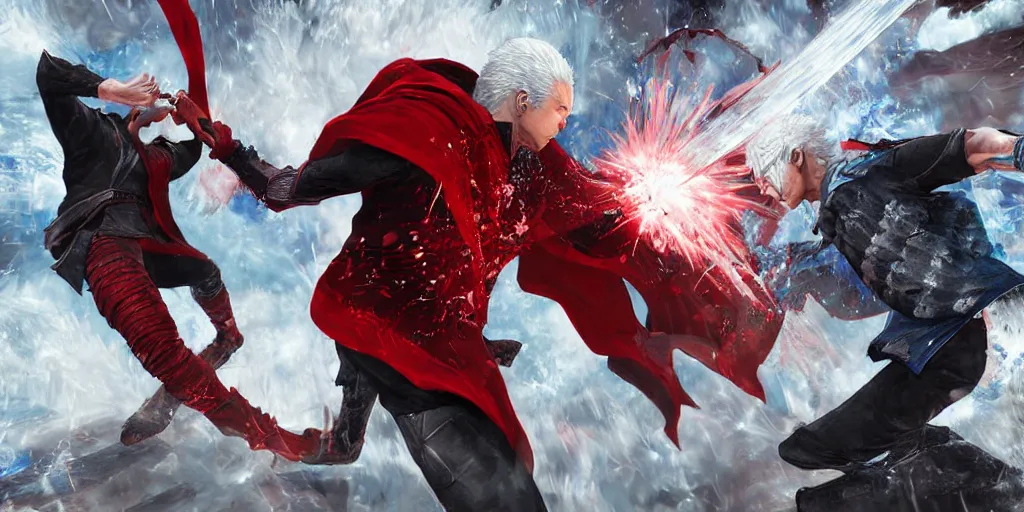 Image similar to vergil fighting dante, digital art highly detailed by chengwei pan