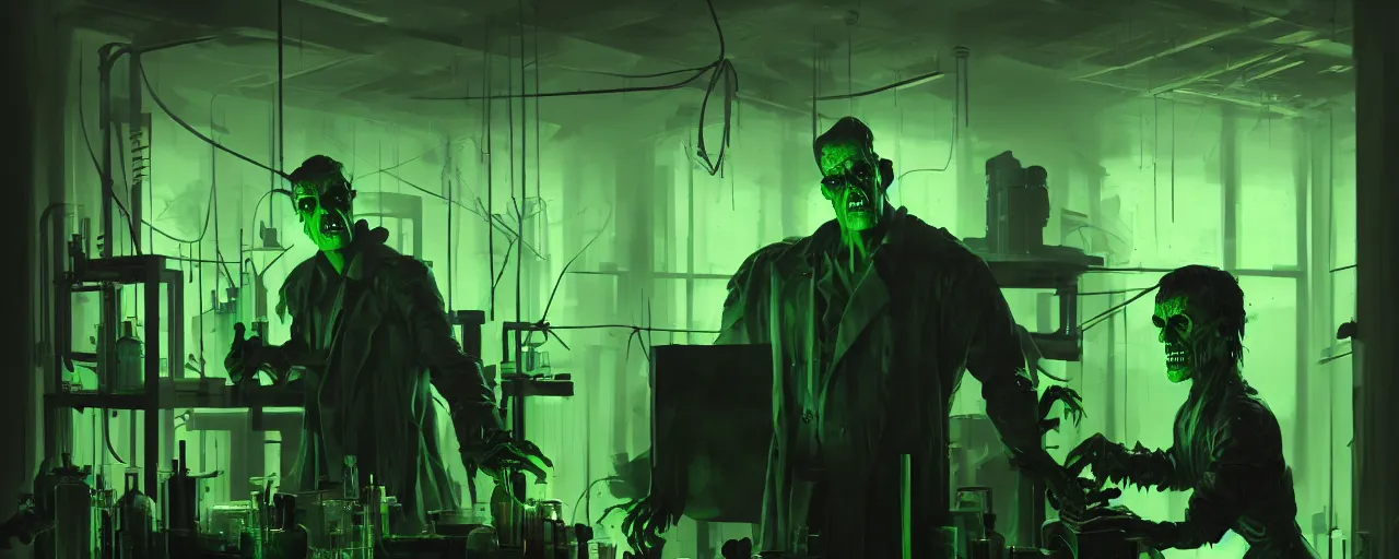 Prompt: duotone noir dark ghastly green concept illustration 3 / 4 portrait of frankenstein in laboratory. cinematic scene film noir. volumetric lighting. golden rario accidental renaissance. by sachin teng and sergey kolesov and ruan jia and heng z. graffiti art, scifi, fantasy, hyper detailed. octane render. concept art. trending on artstation