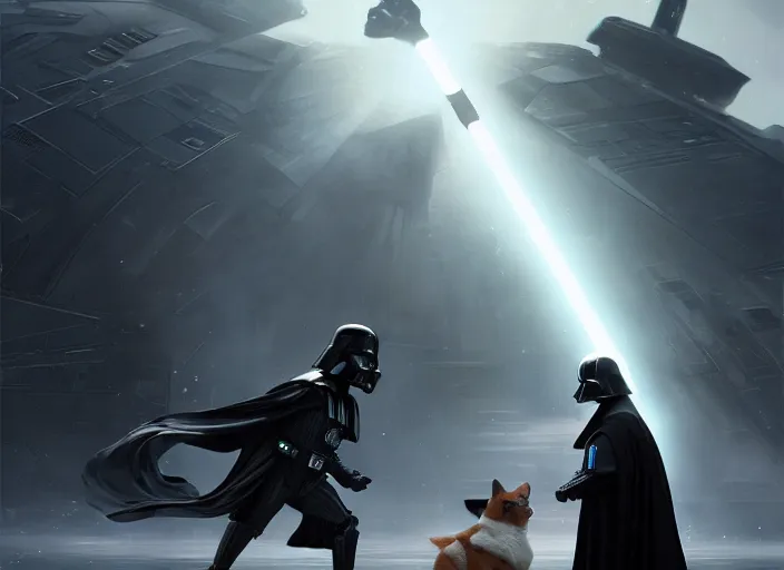 Image similar to a Photorealistic dramatic hyperrealistic render of darth vader facing off against a cute corgi, futuristic star wars vibe, by WLOP and Artgerm and Greg Rutkowski and Alphonse Mucha, Beautiful dynamic dramatic dark moody lighting, shadows, cinematic atmosphere, Artstation, concept design art, Octane render, 8K, masterpiece, sharp focus