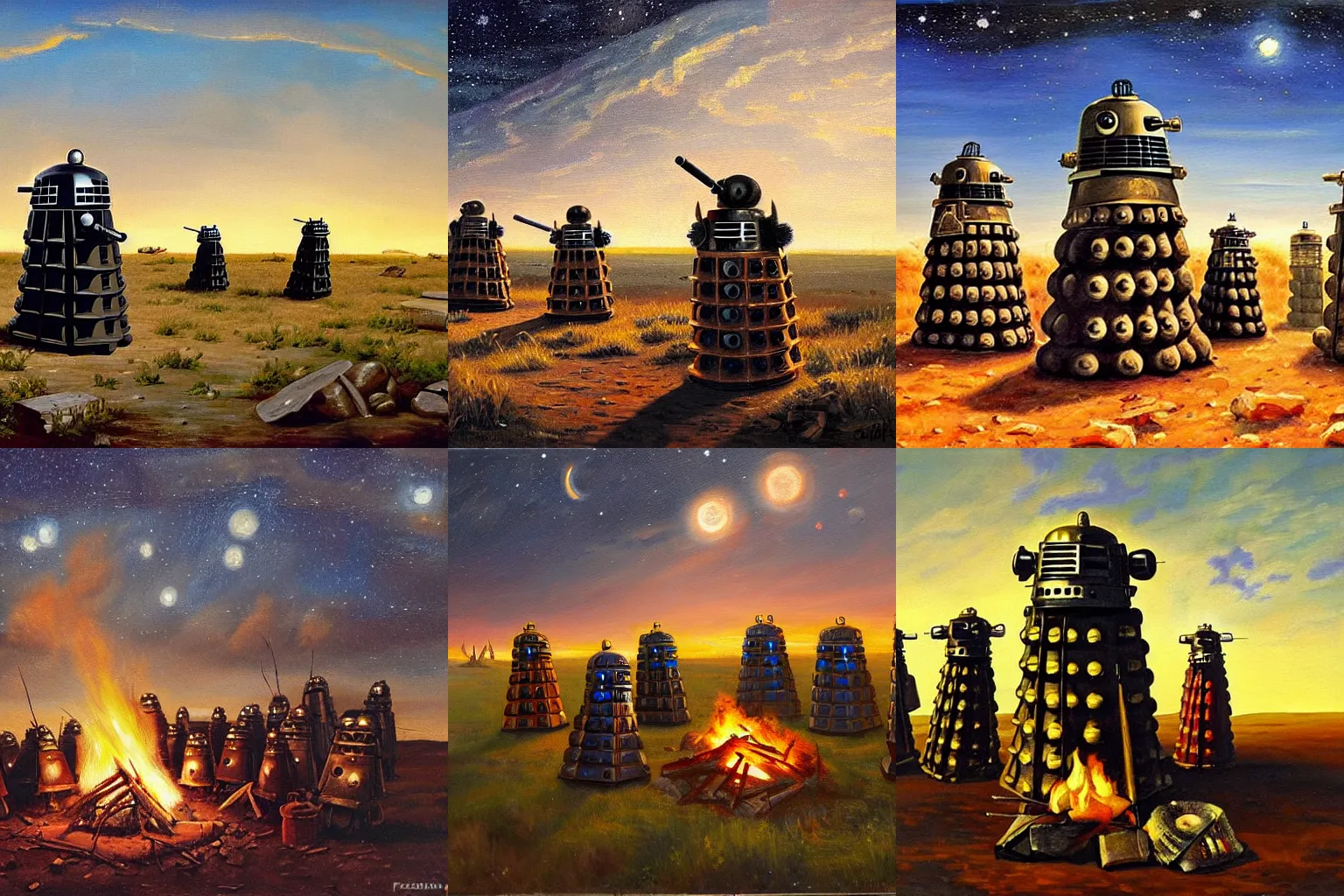 Prompt: dramatic oil painting of daleks gathered around a campfire at night on the open prairie under a beautiful sky filled with stars, in the Western American style of Frederic Remington