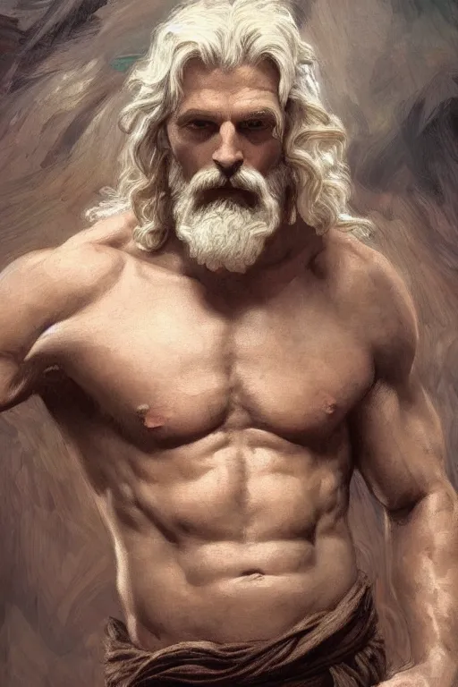 Image similar to painted portrait of rugged zeus, god of thunder, greek god, white hair, masculine, mature, handsome, upper body, muscular, hairy torso, fantasy, intricate, elegant, highly detailed, digital painting, artstation, concept art, smooth, sharp focus, illustration, art by gaston bussiere and alphonse mucha
