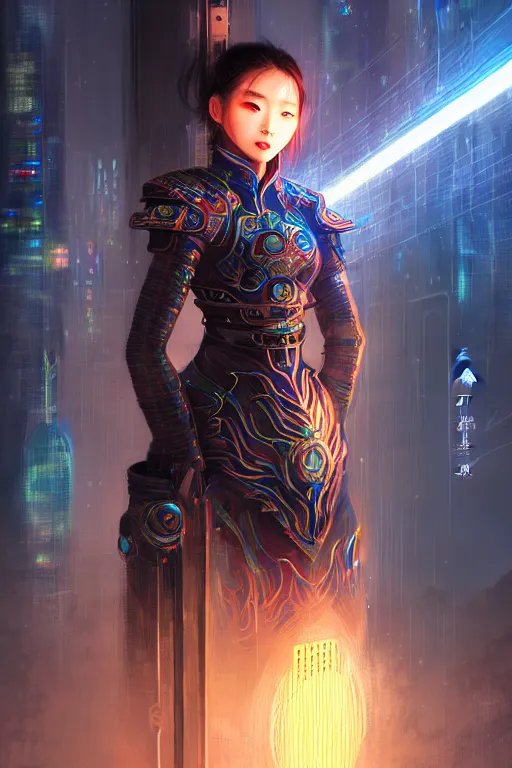 Image similar to portrait futuristic wuxia armor heroine Girl with thunder and fire sparkles and starlight, fighting in future cyberpunk beijing rooftop , ssci-fi, fantasy, intricate, very very beautiful, elegant, human structure, neon light, highly detailed, digital painting, artstation, concept art, smooth, sharp focus, illustration, art by tian zi and WLOP and alphonse mucha