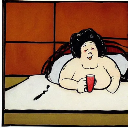 Image similar to a beautiful fat woman drinking coffee in a bed with white sheets drinking coffee in the style of telous lautrec