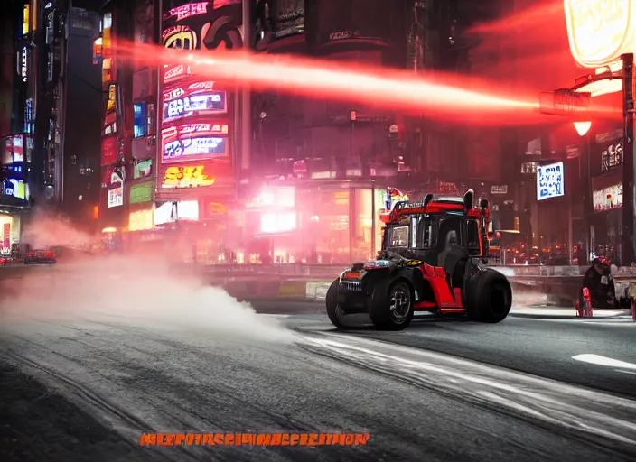 Prompt: a racing tractor drifting around the corner, smoke emanating from it's spinning wheels and exhaust. In a game of Need For Speed:Underground. moody cinematic lighting, high shutter speed, night, Shibuya Crossing