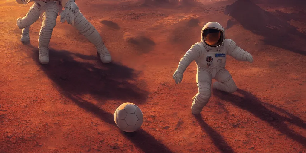 Image similar to ! dream ultra realistic illustration, a soviet astronaut playing soccer on mars, mars landscape, elegant, highly detailed, artstation, concept art, smooth, sharp focus, moody, dramatic lighting