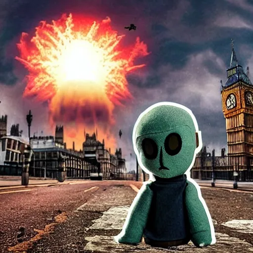 Image similar to evil toy puppet sitting in the middle of abandoned london with nuclear explosion on the background