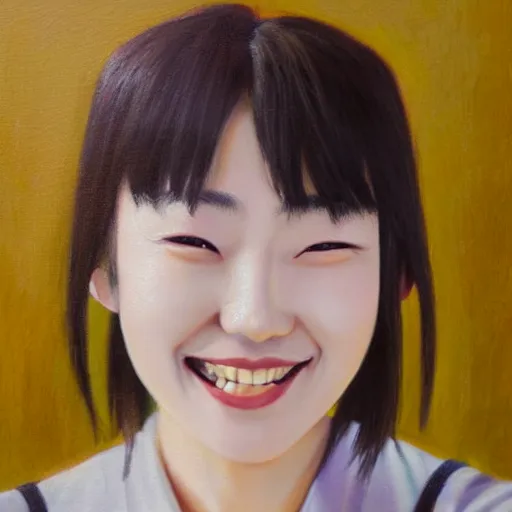 Image similar to mikan tsumiki, a 2 1 - year - old japanese woman, smiles with tears in her eyes, realistic oil painting by yasutomo oka, soft features, bittersweet