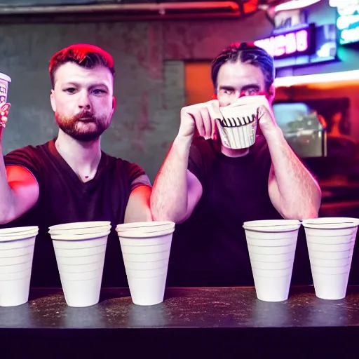 Prompt: photograph of retro techwear people holding solo cups loitering near the bar of a busy rundown nightclub, retrofuturism, brutalism, cyberpunk, sigma 85mm f/1.4, 35mm, 4k, depth of field, high resolution, 4k, 8k, hd, highly detailed, full color