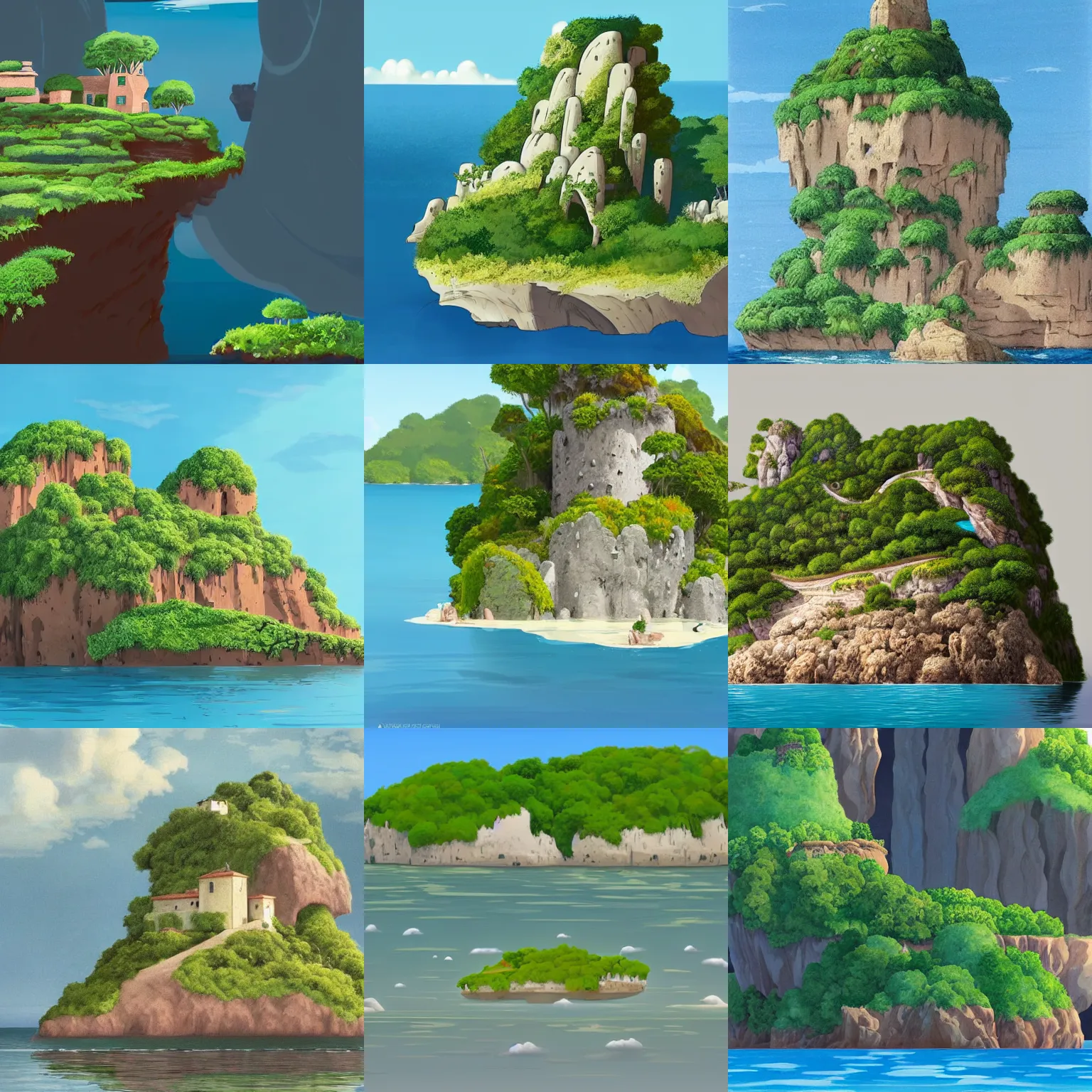 Image similar to an island floating in the air, the island is rocky and bare with some vegetation, waterfalls left from the island flowing into the sea, highly detailed, animated, lovely, dreamy, morandi colour scheme, strong light and shadow atmosphere, painted by Ghibli