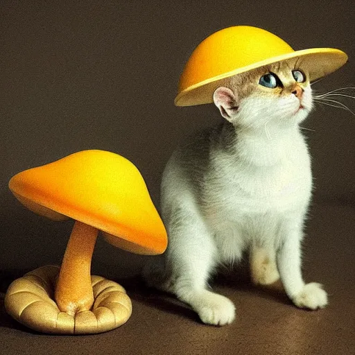 Image similar to a small domestic housecat with a golden mushroom growing atop its head