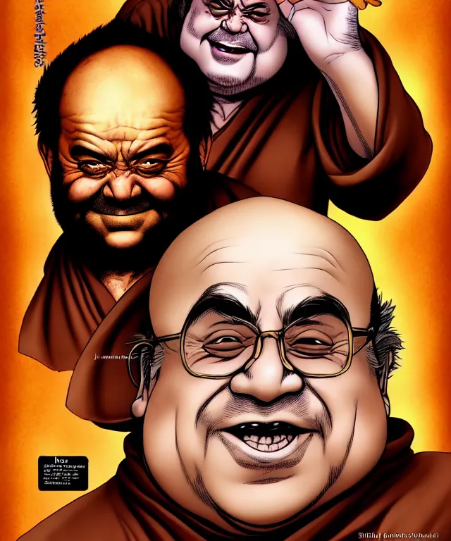 Image similar to a ( fantasy comic ) ( cover art ) portrait of a drunken dwarf monk who looks like ( danny devito in taxi ), digital illustration by jenny frison and sana takeda and kentaro miura, fine inking lines, dnd, highly detailed!, hd, 4 k, trending on artstation