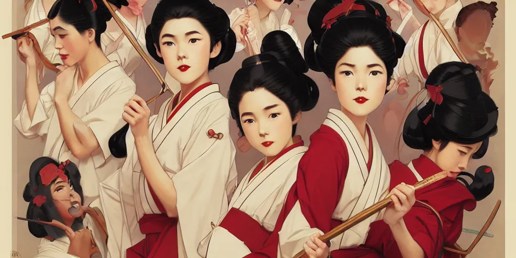 Image similar to geisha school, in the style of studio ghibli, j. c. leyendecker, greg rutkowski, artgerm