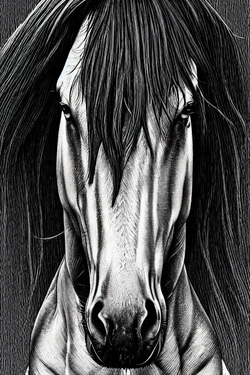 Image similar to horse in a field, symmetrical, highly detailed, digital art, sharp focus, trending on art station, kentaro miura manga art style