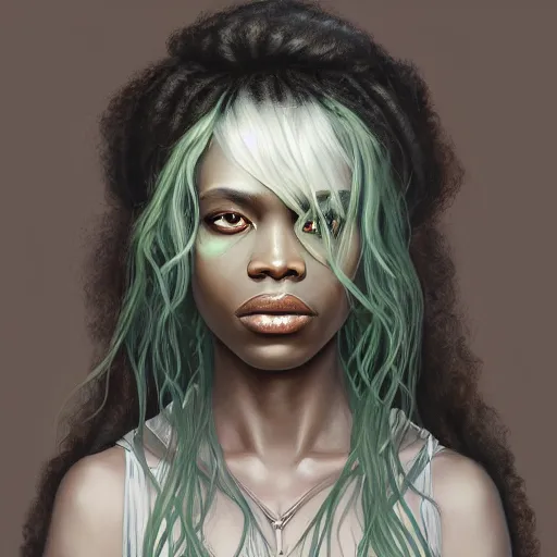 Prompt: a detailed matte oil on canvas head on symmetrical portrait of black skinned woman with!! long white hair!! and ( ( ( pale greenish ) ) ) hair, clothed by charlie bowater, lise deharme, wlop, trending on artstationhd, dungeons and dragons art critical role