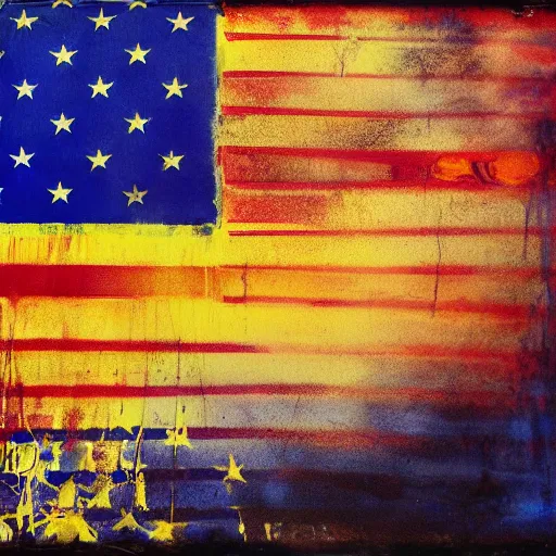 Prompt: beautiful wetplate photograph of an abstract sunset, of an american flag by alexander Brodsky and ilya utin and frank bowling. Acrylic paints, oil paints, sponge, dry brushing, scumbling, masking. Light leaks. trending on deviantart. 4k HD walpaper