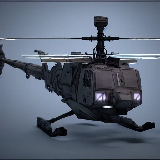 Image similar to cyberpunk concept inspired military helicopter, futuristic look, highly detailed body, very expensive, photorealistic camera shot, bright studio setting, studio lighting, crisp quality and light reflections, unreal engine 5 quality render