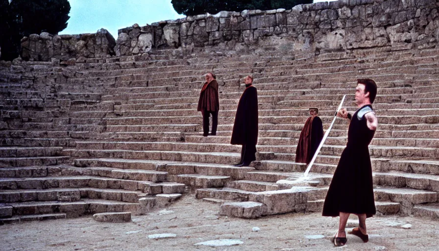 Prompt: 1 9 6 0 s movie still of caligula stabbed by senators on the ancient amphitheater's stairs, cinestill 8 0 0 t 3 5 mm, high quality, heavy grain, high detail, dramatic light, ultra wide lens, anamorphic