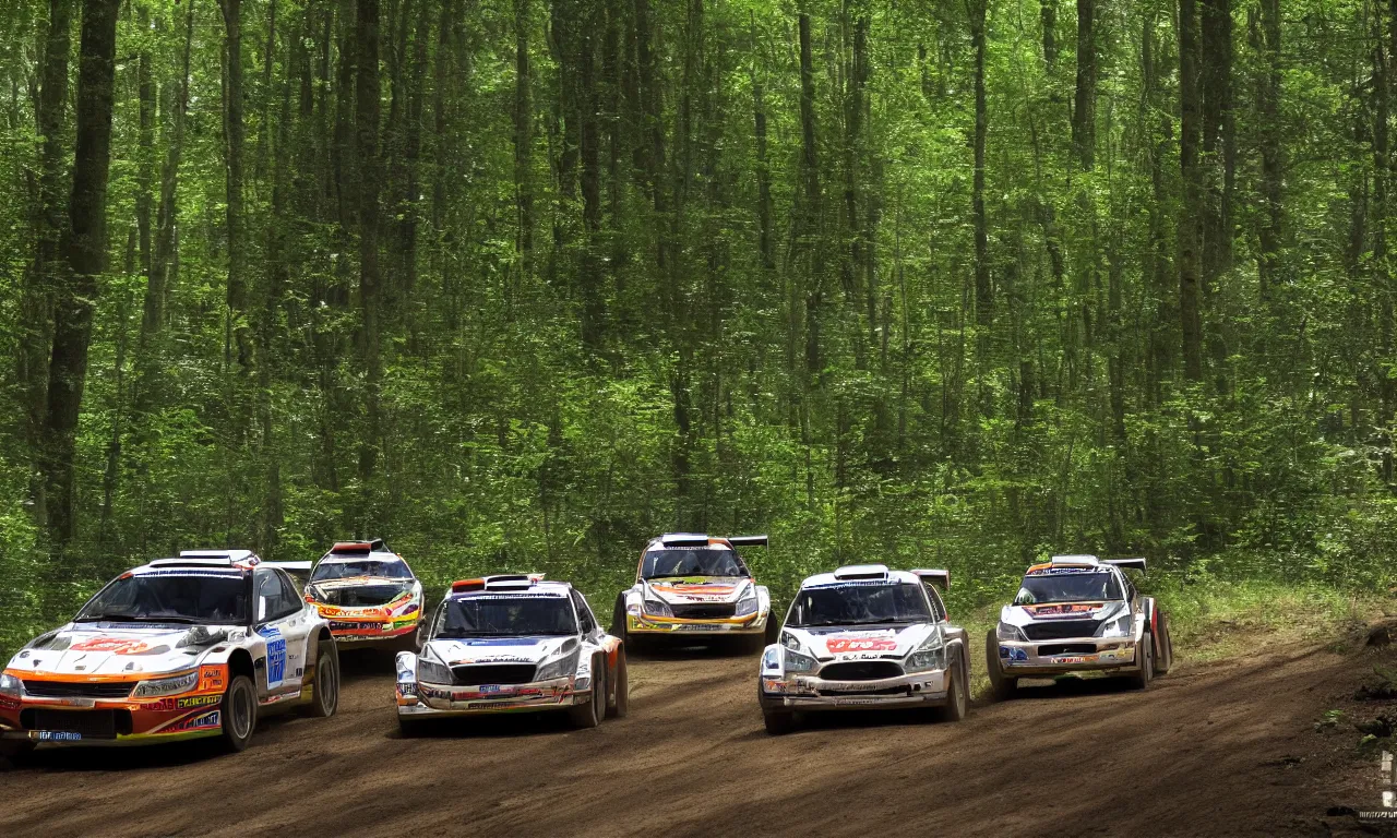 Image similar to 3 rally cars racing through a forest with a river behind them, sun shining through the trees, motion blur high detail ultra realistic 8k,