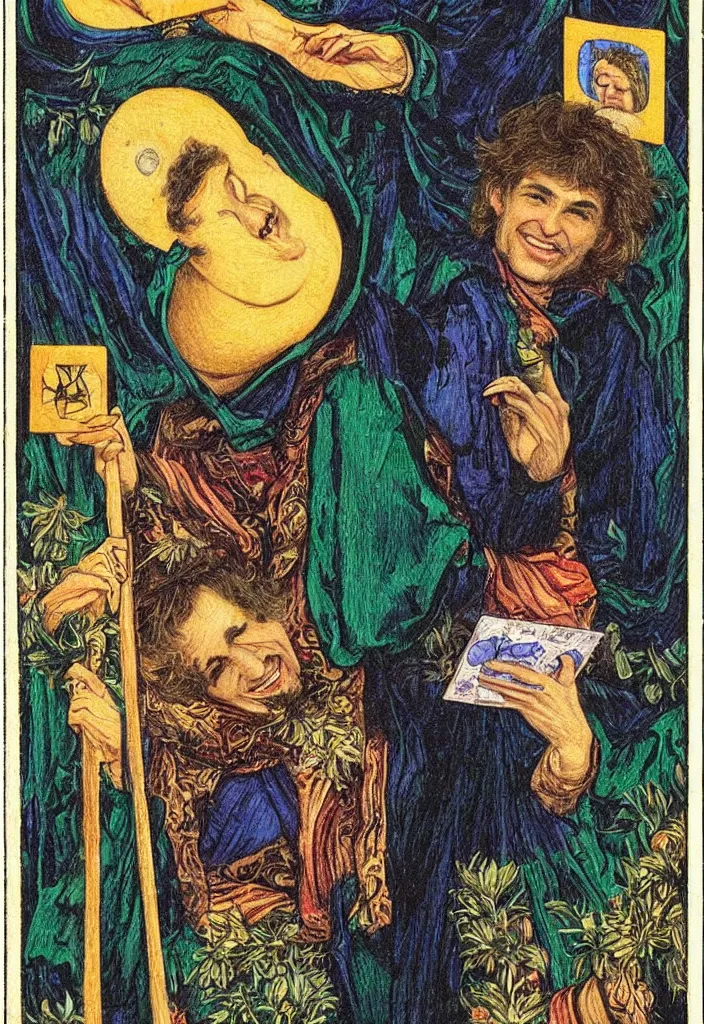 Image similar to Yoshua Bengio smiling on the Tarot card. Illustration by preraphaelists.