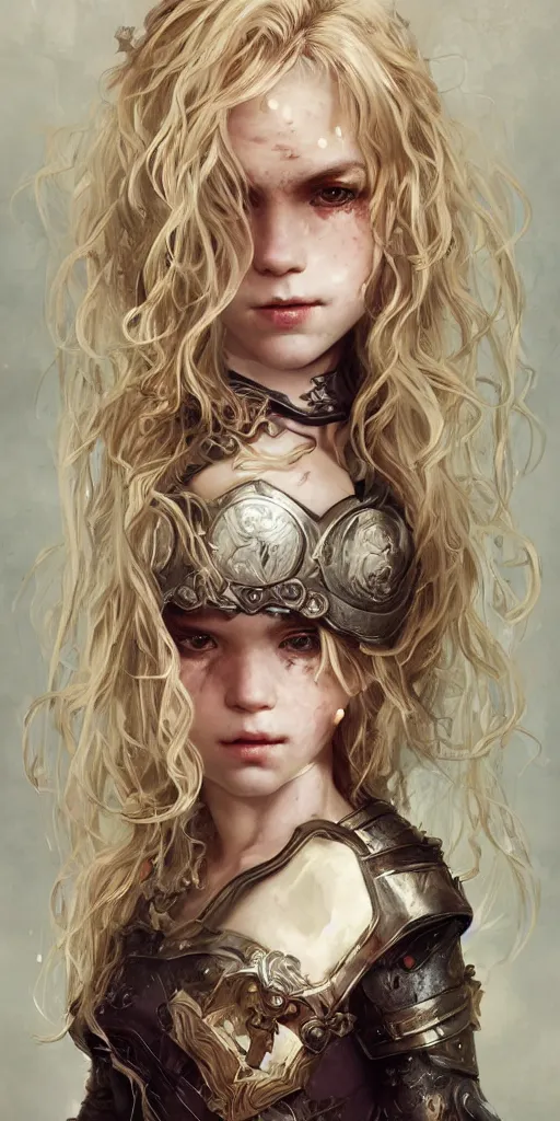 Image similar to portrait of a blonde vampire girl, child, freckles, fierce, messy curly hair, dark leather armor, sword, intricate and very beautiful and elegant, highly detailed, digital painting, artstation, concept art, smooth and sharp focus, cg by tian zi and wlop and alphonse mucha